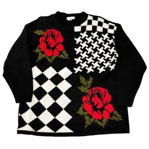 VINTAGE CHECKER‎ ROSE JUMPER KNIT OVERSIZE SWEATER SIZE MEDIUM | T1